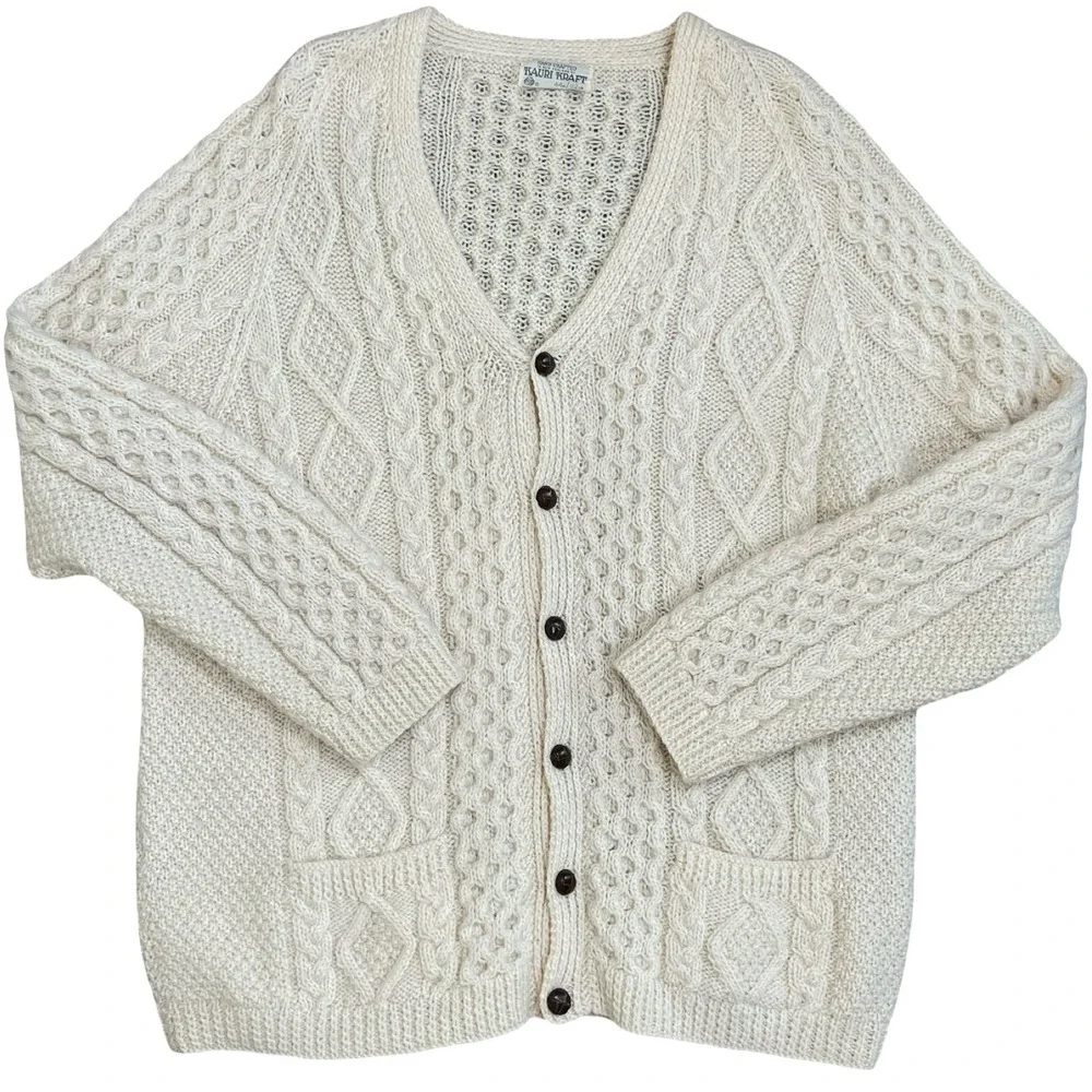 Vintage Kauri Kraft Cardigan Sweater Mens 44 Cream Cable Knit Wool New Zealand